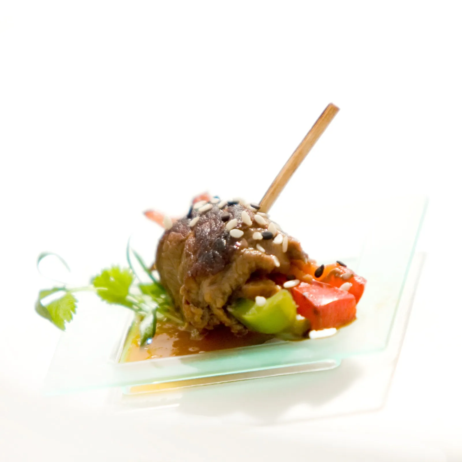 Sesame beef skewer with peppers on a glass plate