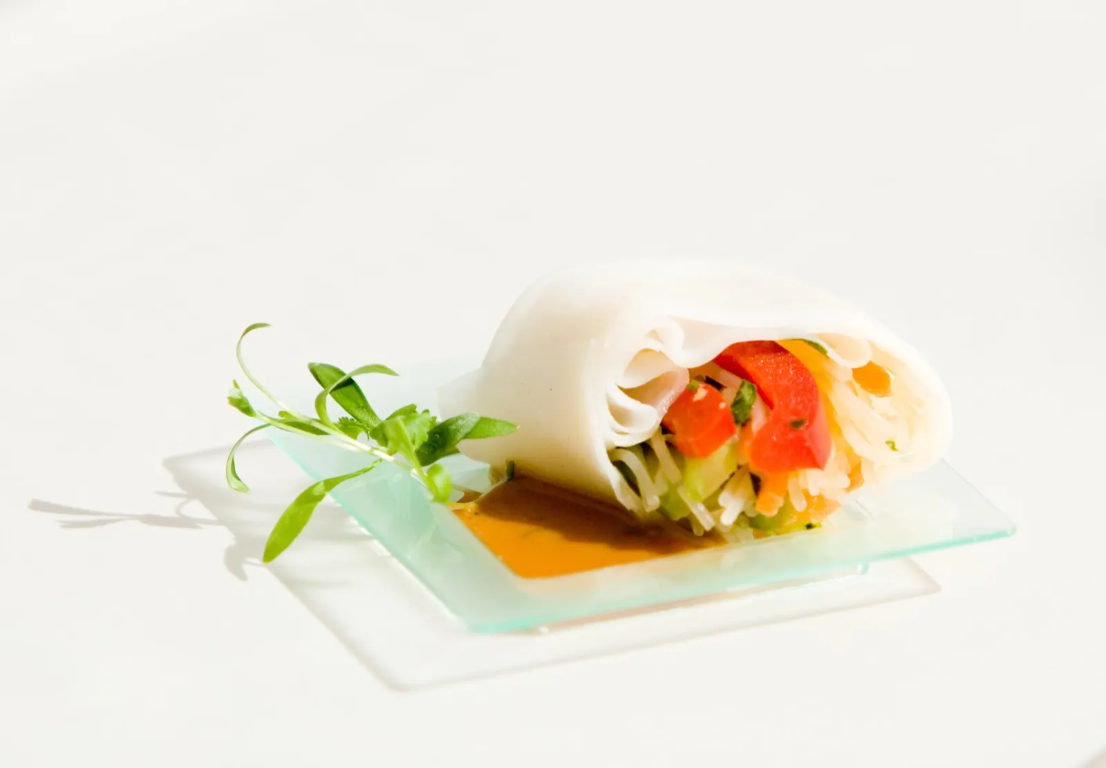 Rice paper summer roll with fresh vegetables and a dipping sauce on a glass plate